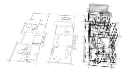 Modern house building sketch architectural 3d rendering