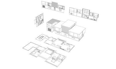 Modern house building sketch architectural 3d rendering