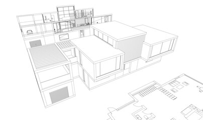 Modern house building sketch architectural 3d rendering