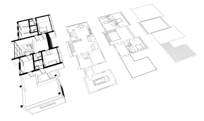 Modern house building sketch architectural 3d rendering