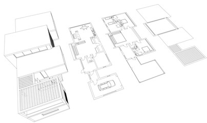 Modern house building sketch architectural 3d rendering