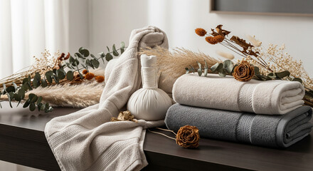 Soft towels and dried florals styled for a luxury spa vibe