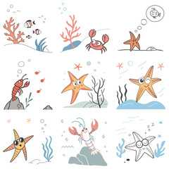 Obraz premium Cartoon sea creatures in colorful underwater illustrations 
