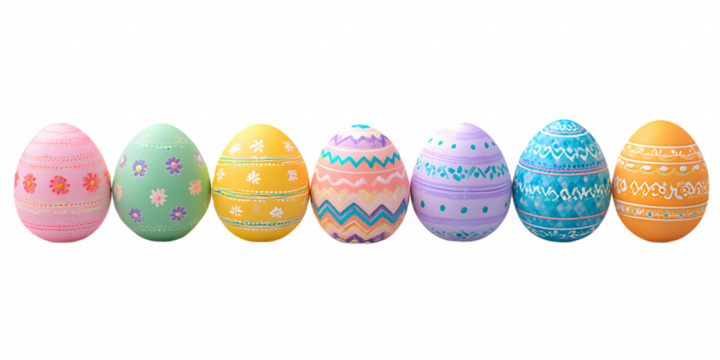 Row of Colorful Decorated Easter Eggs on Transparent Background