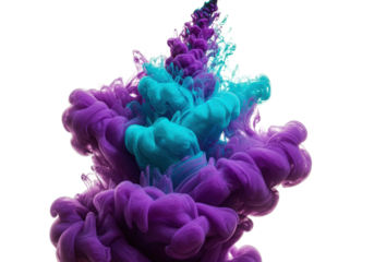 Ultra realistic UHD photo of a vibrant purple, bright teal, and dark grey swirling ink cloud, with intricate textures, against a transparent background with copy space. Concept of abstract fluid
