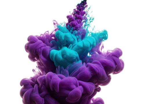 Ultra realistic UHD photo of a vibrant purple, bright teal, and dark grey swirling ink cloud, with intricate textures, against a transparent background with copy space. Concept of abstract fluid