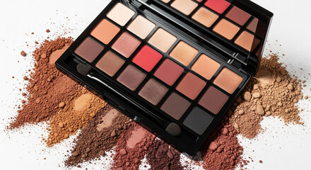 Luxury eye shadow palette flat lay with soft pigment dust