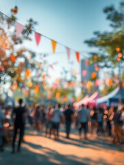 Abstract blur people in festival city park bokeh background. Summer festival holiday or celebration party concept