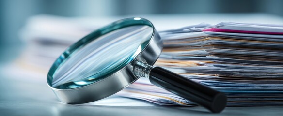 The magnifying glass placed on a stack of papers for detailed examination.