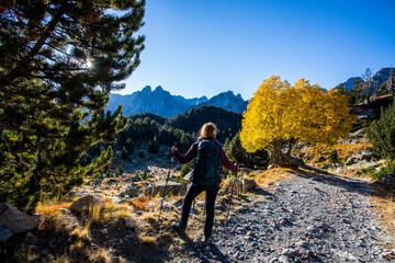Young hiker woman in autumn in Aiguestortes and Sant Maurici National Park, Spain