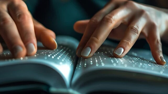 Woman reading a braille book with her hands. Tactile reading for visual impairment. Concept of assistive technology footage.
