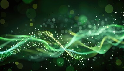 Abstract swirling green shapes with glowing particles.
