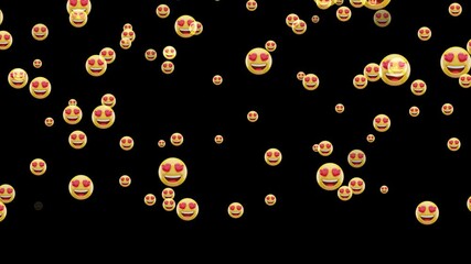 Heart-eyes emojis falling down on black background