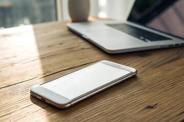 Smartphone with blank screen on wooden table with laptop