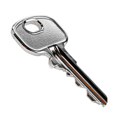 Metal key isolated on a transparent background. Standard house door key with flat head and cut grooves. Silver color, angled view. Common object used for lock access, door security, or key visuals.