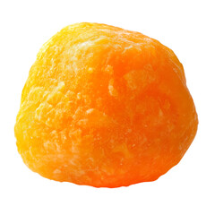 Cheese ball isolated on a transparent background. Round snack with crunchy texture and bright orange color. Processed cheese product commonly used as finger food or party appetizer.