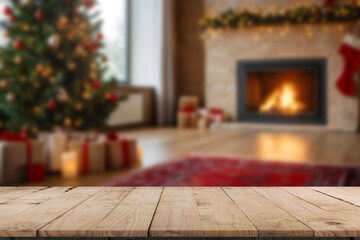 Empty wooden surface and blurred view of room decorated for Christmas