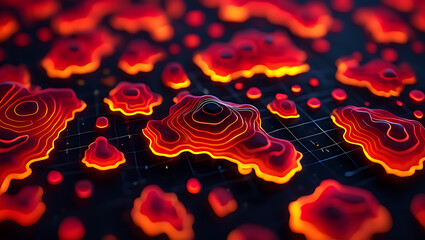 Abstract topographic map with glowing red and orange contours on a dark grid background