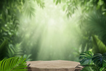 Stone tabletop podium floor in outdoors tropical garden forest blurred green leaf plant nature...