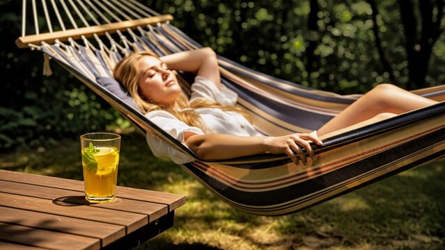 Young woman enjoys a relaxing summer day, lying in a striped hammock in a lush green garden with a refreshing iced tea with lemon and mint on a wooden table beside her