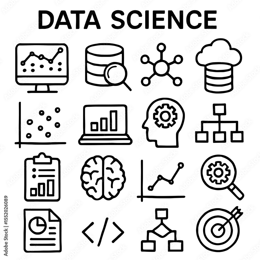 Poster simple data science icons for educational use