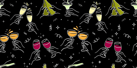 Seamless vector pattern with colorful wine glasses, champagne bottles, cocktails, and hands toasting, drawn in minimalist line art, ideal for party decor, packaging, festive designs.Clinking Glasses