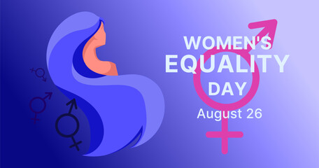 Womens Equality Day banner Illustration with Gender Symbols and Feminine Silhouette. Gender equality symbols, and text promoting Womens Equality Day on August 26. Vector illustration