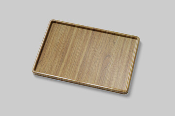 An empty wooden tray on gray background 