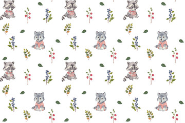 Vintage seamless pattern featuring cute raccoons and wolves among colorful foliage and berries