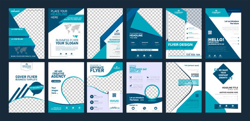Set of Modern Business Flyer Templates with Blue Geometric Shapes and Transparent Photo Placeholders for Corporate, Marketing, and Event Promotion in Clean Vector Layouts