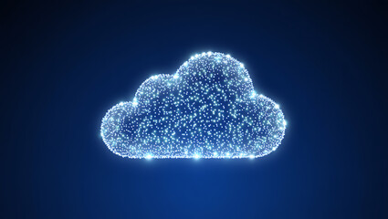 Abstract glowing digital cloud formation composed of numerous small bright blue particles against a dark blue background