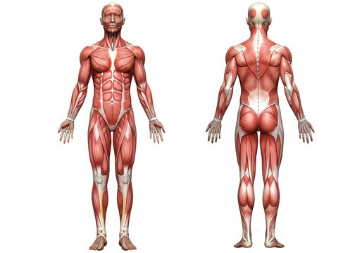 Human muscular system front and back view isolated on transparent background