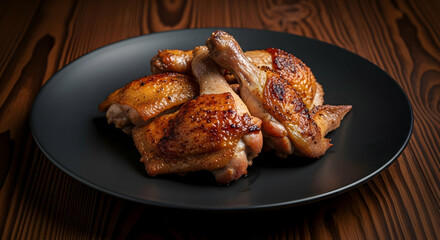 Roasted Chicken Drumsticks Presented on a Dark Plate With Wooden Background