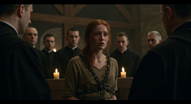 frightened woman at a medieval inquisition trial