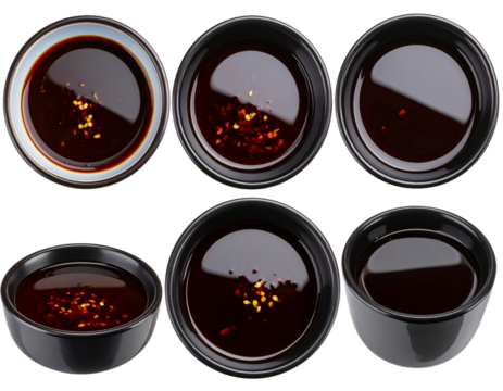  Set of Soy Sauce Served in Black Dish with Reflection – Side and Overhead Views, isolated on a transparent background png - Powered by Adobe