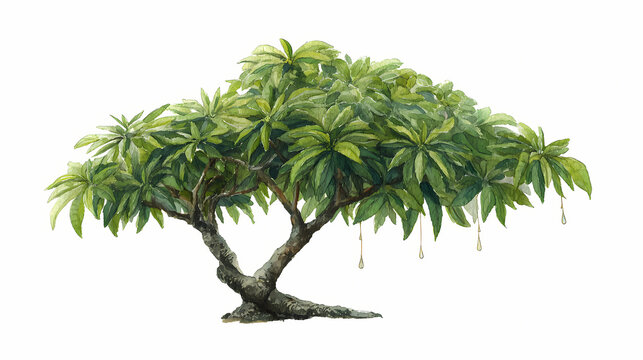 Watercolor Illustration of Devil&rsquo;s Tree &ndash; Alstonia Scholaris with Leaves and Bark