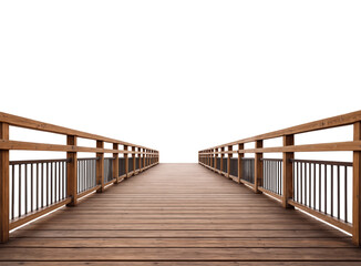 Fototapeta premium Serene Wooden Pier Leading Into an Ethereal White Horizon, Perfect for Symbolizing Journey and Reflection, Isolated on Transparent and White Background