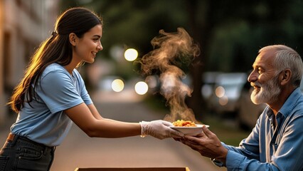 Young smiling female volunteer wearing gloves, serving warm, steaming food to an elderly homeless man outdoors during the evening, embodying compassion and generosity in the community