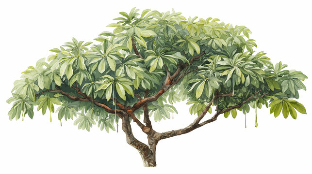 Watercolor Illustration of Devil&rsquo;s Tree &ndash; Alstonia Scholaris with Leaves and Bark