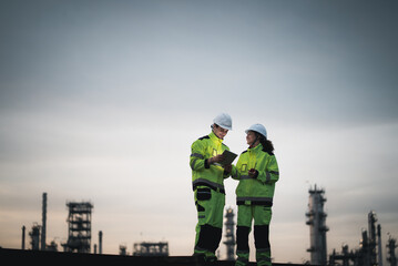 Engineer worker watching work monitor on digital tablet and checking for quality control at construction site of petroleum chemical industry or refinery oil plant factory overtime at night