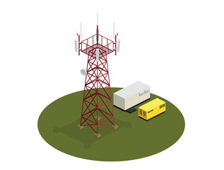 Cellular communication base station. 3G, 4G, LTE, 5G, base station with tower, antennas, shelter, diesel generator. Isometric style vector