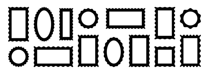 Bold black stamp frames with wavy edges. Frame silhouettes set in oval, circle, rectangle shapes