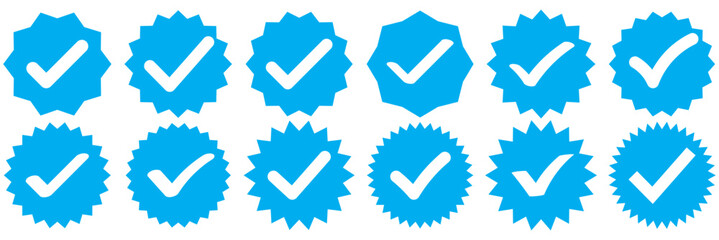Verified badge profile set. Verified badge. Valid. Social media account verification icon. Verify badge. Blue Verified badge icon set. Set of verified badges