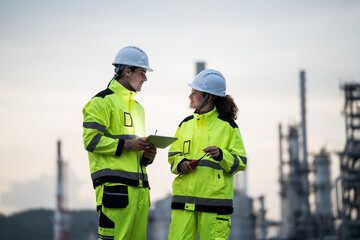 Engineer worker watching work monitor on digital tablet and checking for quality control at construction site of petroleum chemical industry or refinery oil plant factory overtime at night