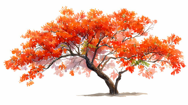 Watercolor Illustration of Flame of the Forest &ndash; Butea Monosperma Tree in Bloom