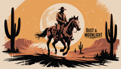 Silhouetted Cowboy on Horseback Against Full Moon – Western Desert Digital Art
