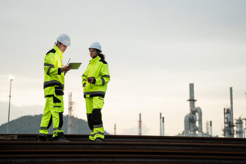 Engineer worker watching work monitor on digital tablet and checking for quality control at construction site of petroleum chemical industry or refinery oil plant factory overtime at night