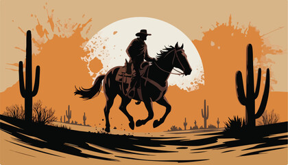 Silhouetted Cowboy on Horseback Against Full Moon – Western Desert Digital Art
