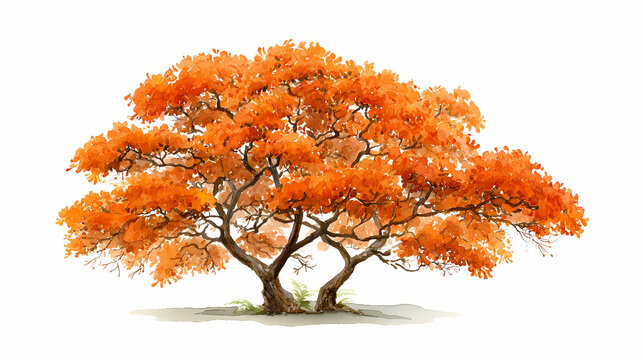 Watercolor Illustration of Flame of the Forest &ndash; Butea Monosperma Tree in Bloom