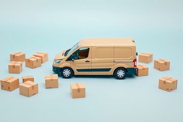 Delivery Van Surrounded by Cardboard Boxes Shipping Logistics Concept